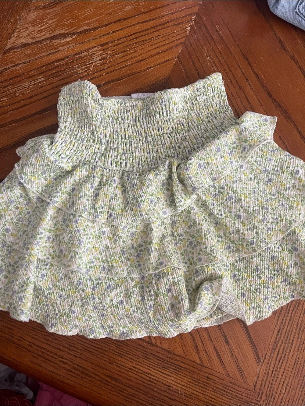 Zara Light Green Floral Smocked Waist Skirt